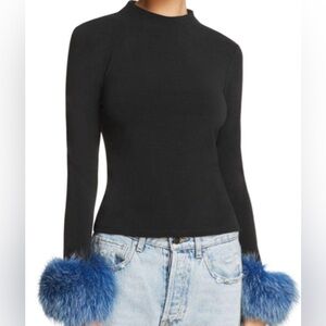 Alice + Olivia Haylen Fox Fur Cuff Black Long Sleeve Shirt Blue Fur Cuff Top NWT
